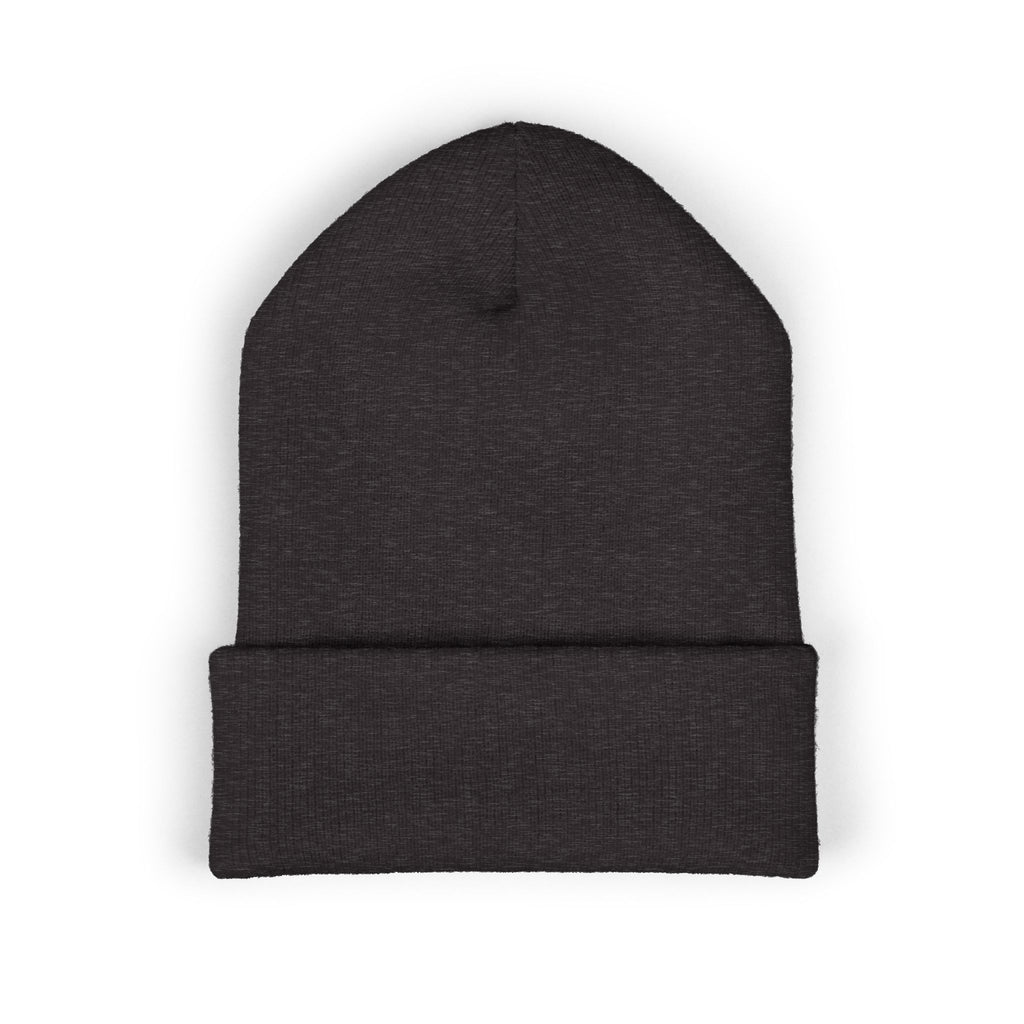 Embroidered 'VYRA' Cuffed Beanie — Gothic Logo Knit Hat