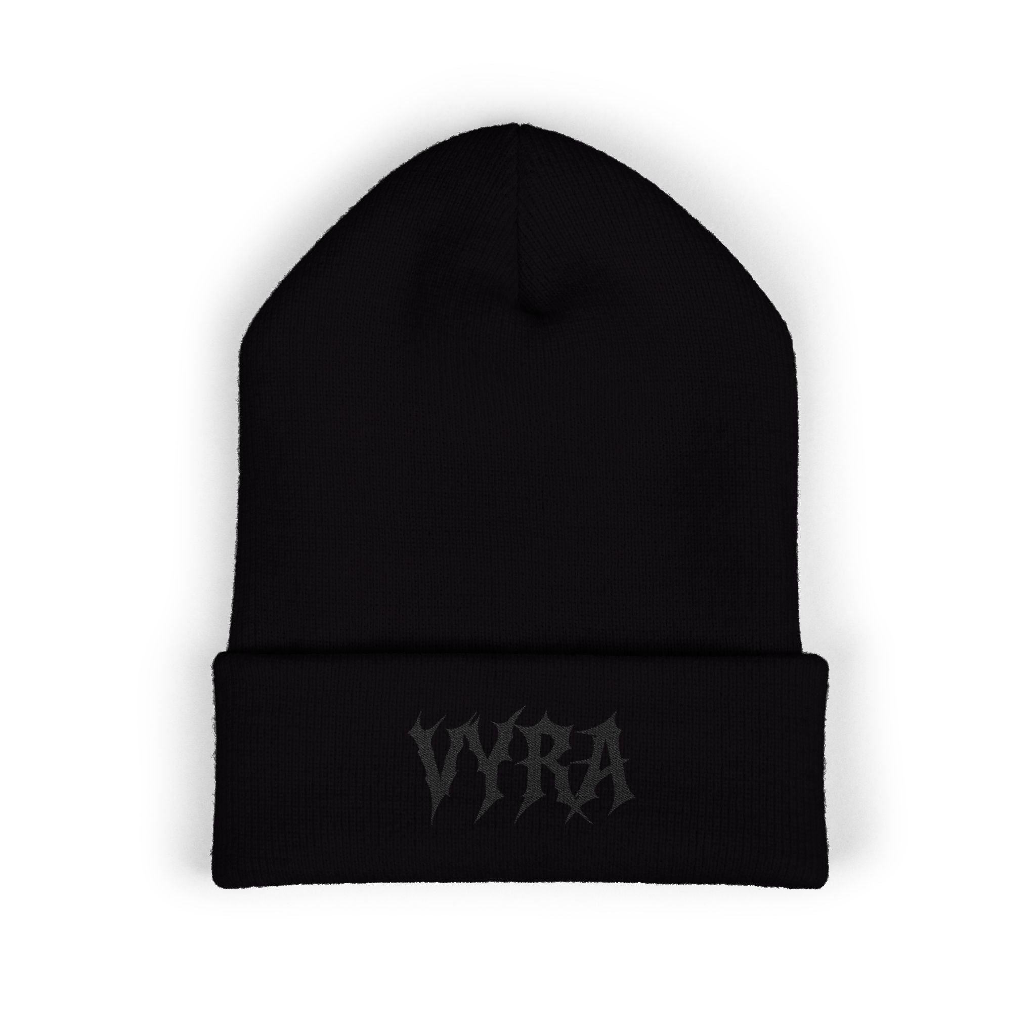 Embroidered 'VYRA' Cuffed Beanie — Gothic Logo Knit Hat