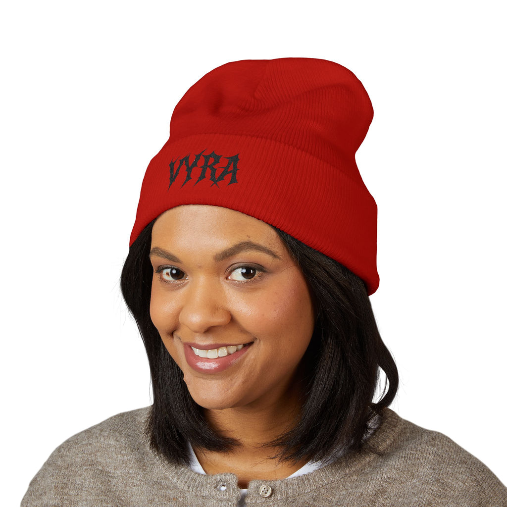 Embroidered 'VYRA' Cuffed Beanie — Gothic Logo Knit Hat