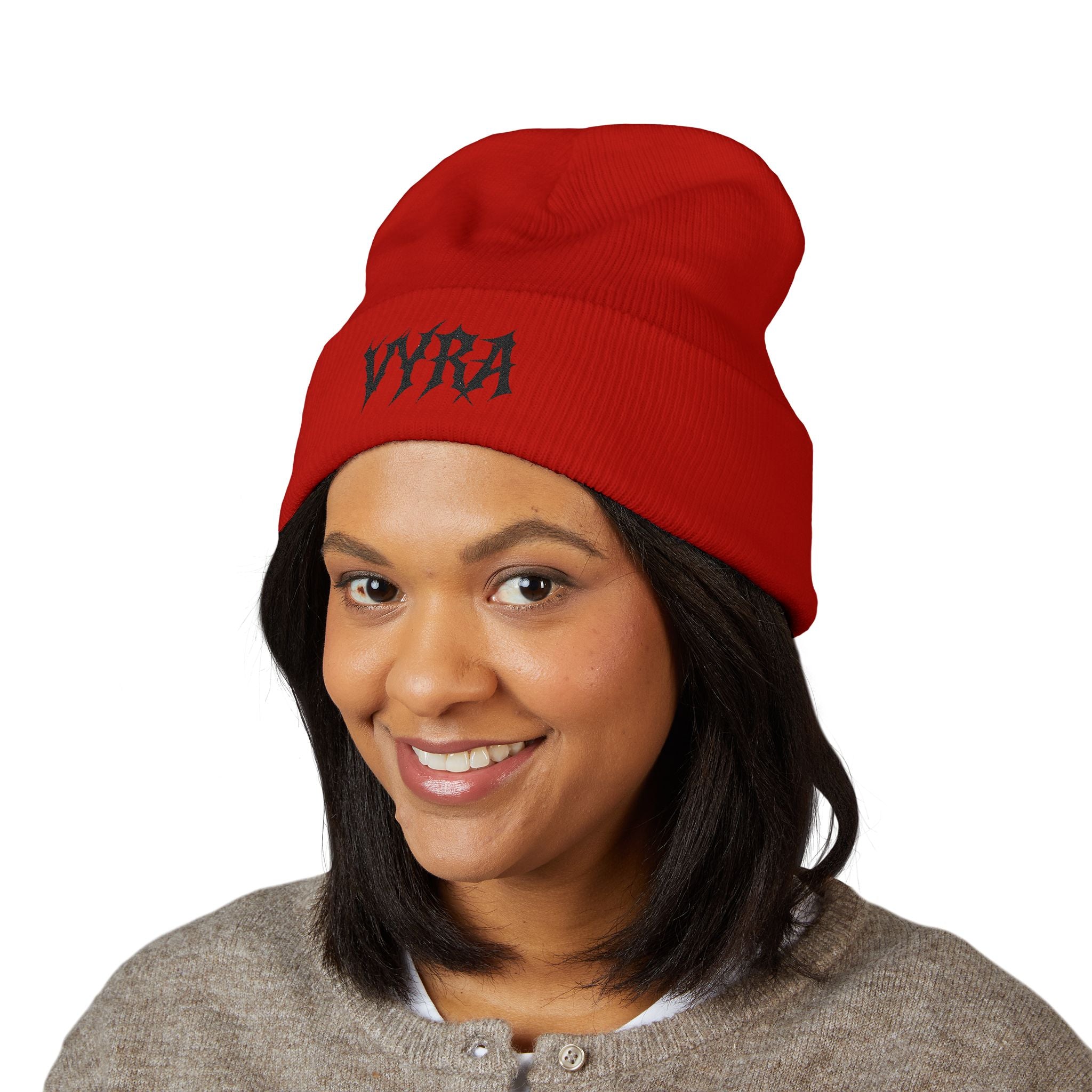Embroidered 'VYRA' Cuffed Beanie — Gothic Logo Knit Hat