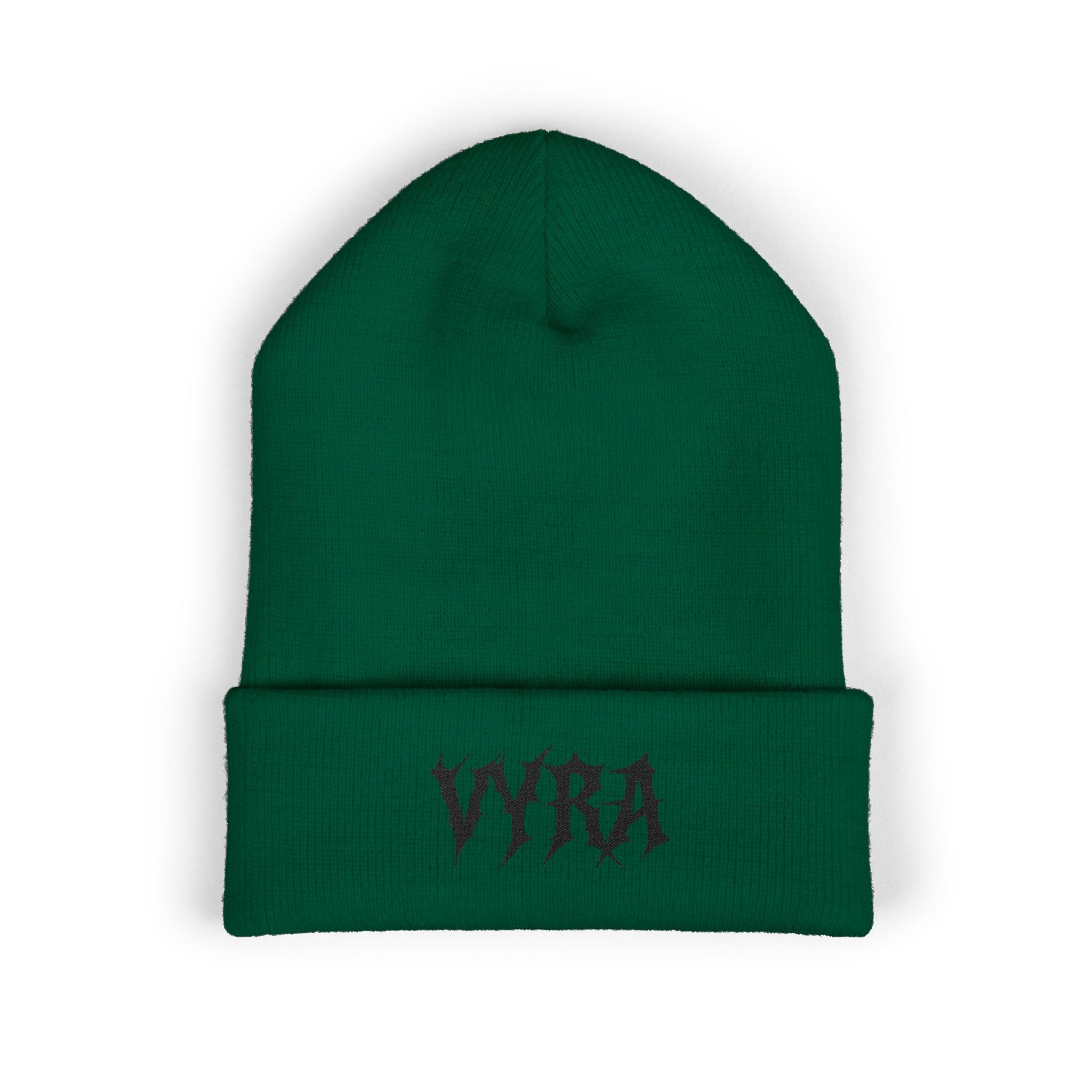 Embroidered 'VYRA' Cuffed Beanie — Gothic Logo Knit Hat