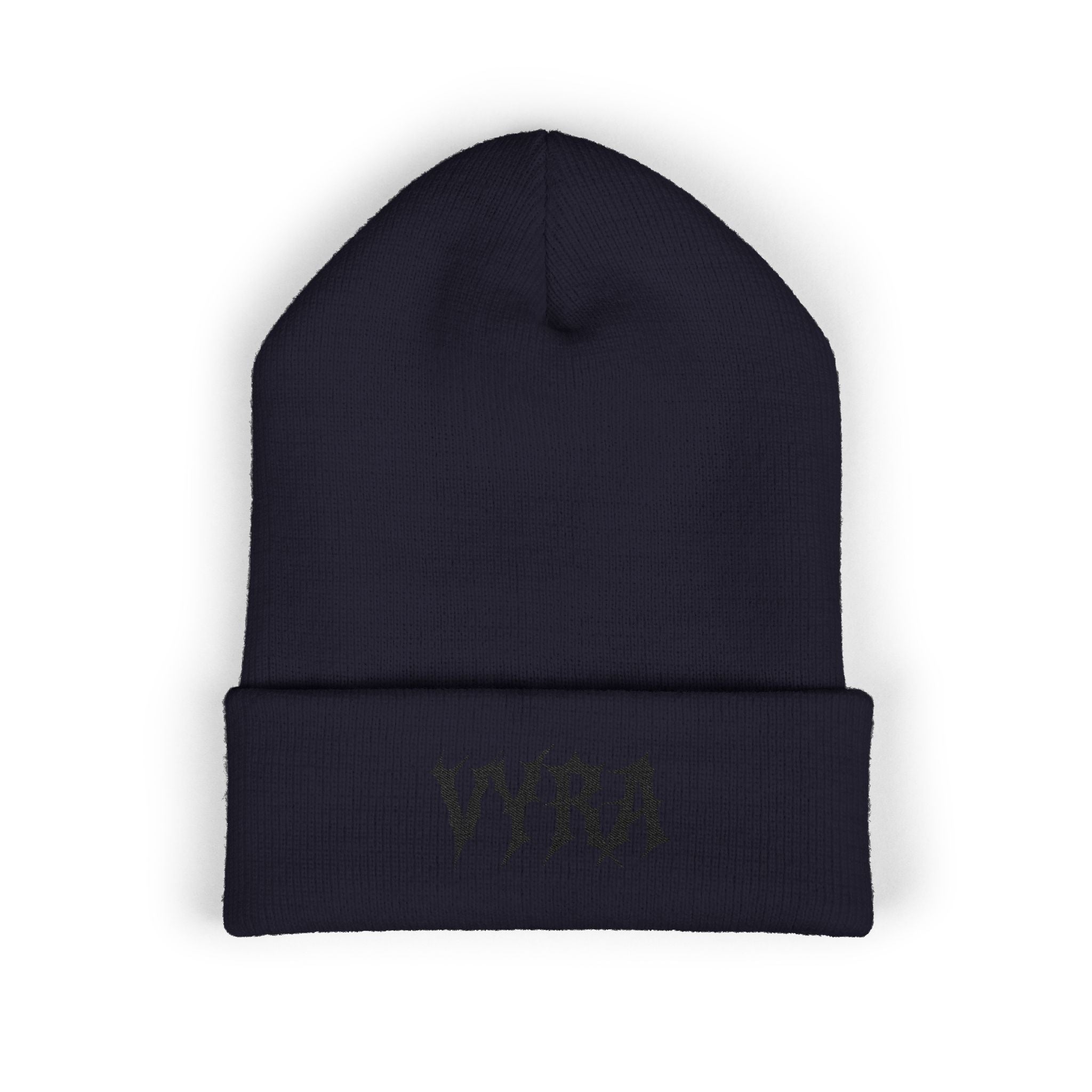 Embroidered 'VYRA' Cuffed Beanie — Gothic Logo Knit Hat