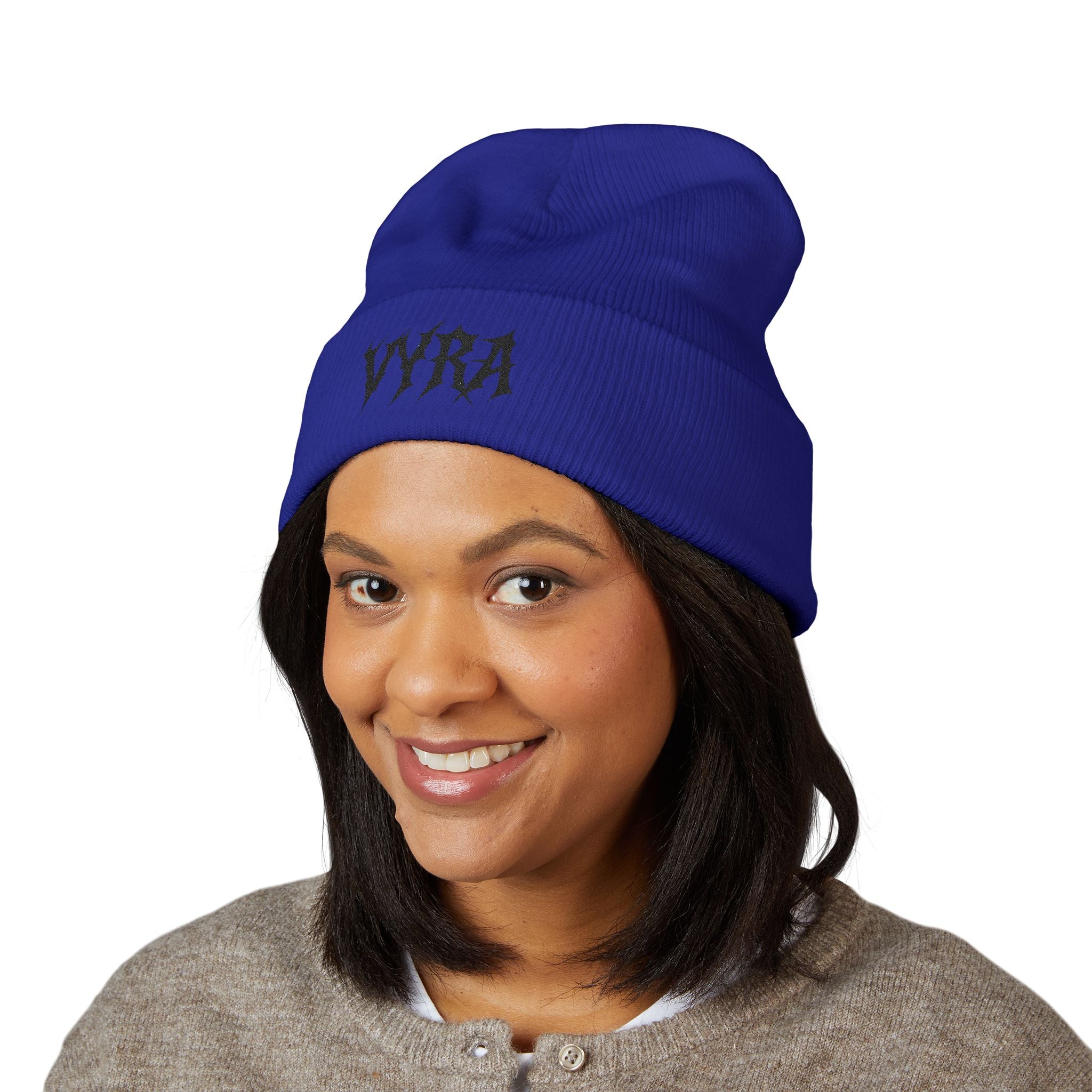 Embroidered 'VYRA' Cuffed Beanie — Gothic Logo Knit Hat