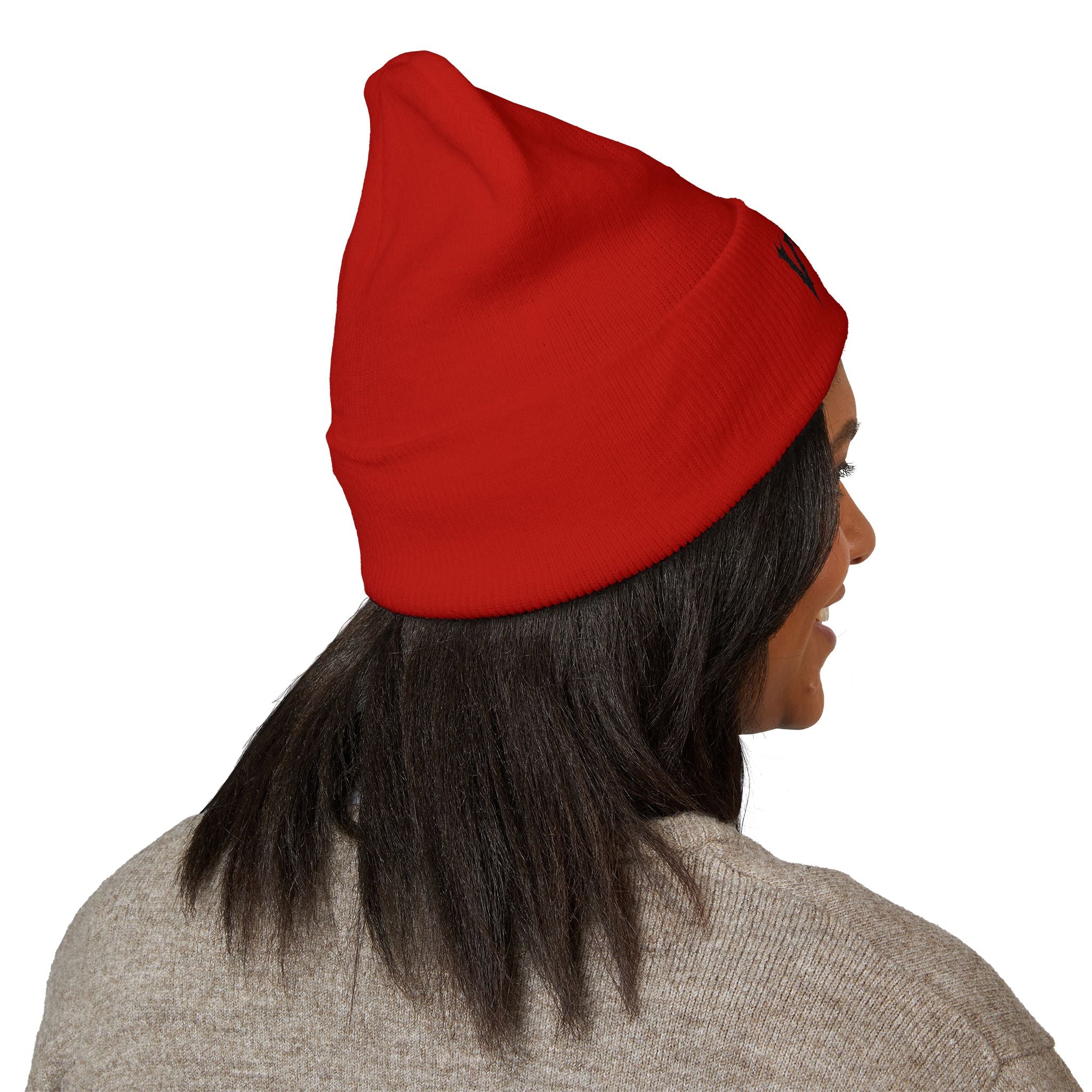 Embroidered 'VYRA' Cuffed Beanie — Gothic Logo Knit Hat