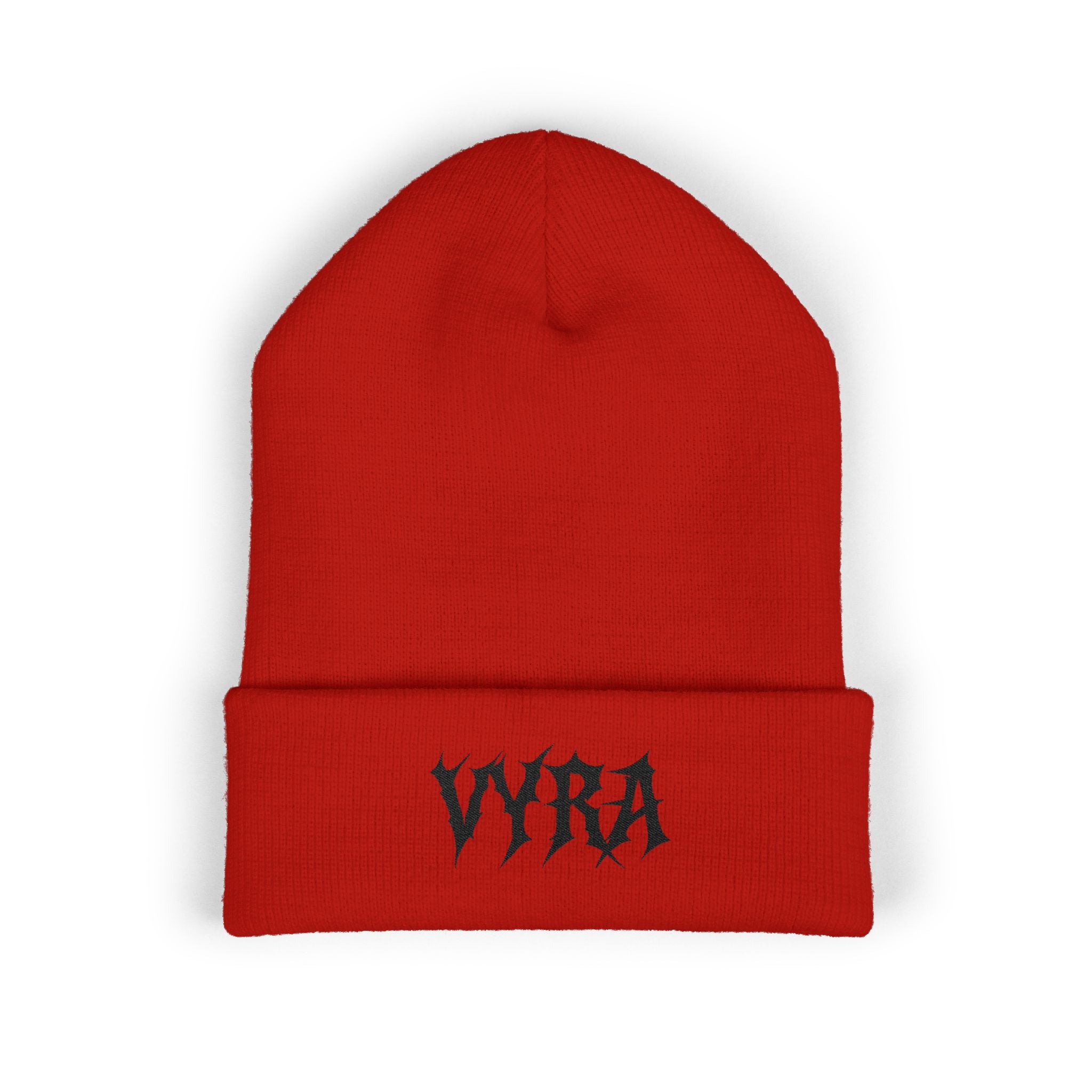 Embroidered 'VYRA' Cuffed Beanie — Gothic Logo Knit Hat