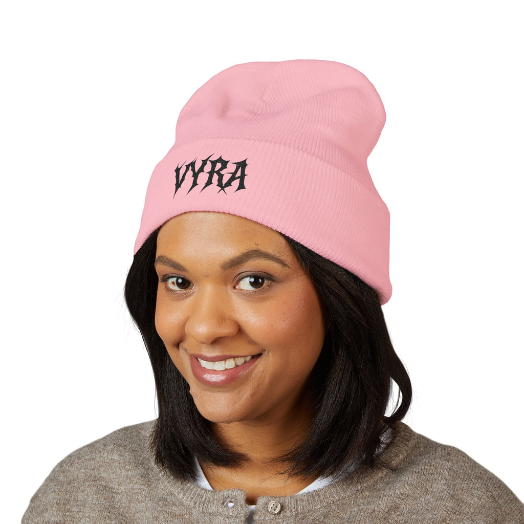 Embroidered 'VYRA' Cuffed Beanie — Gothic Logo Knit Hat