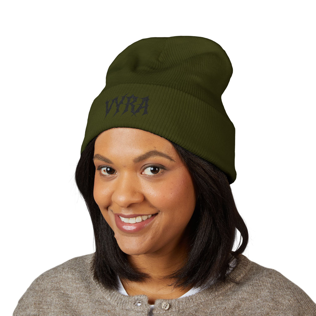 Embroidered 'VYRA' Cuffed Beanie — Gothic Logo Knit Hat