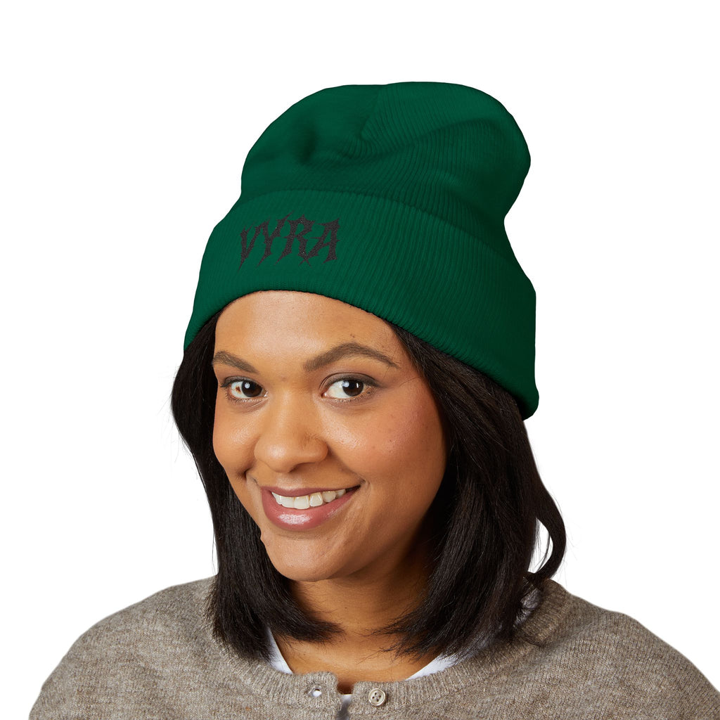 Embroidered 'VYRA' Cuffed Beanie — Gothic Logo Knit Hat