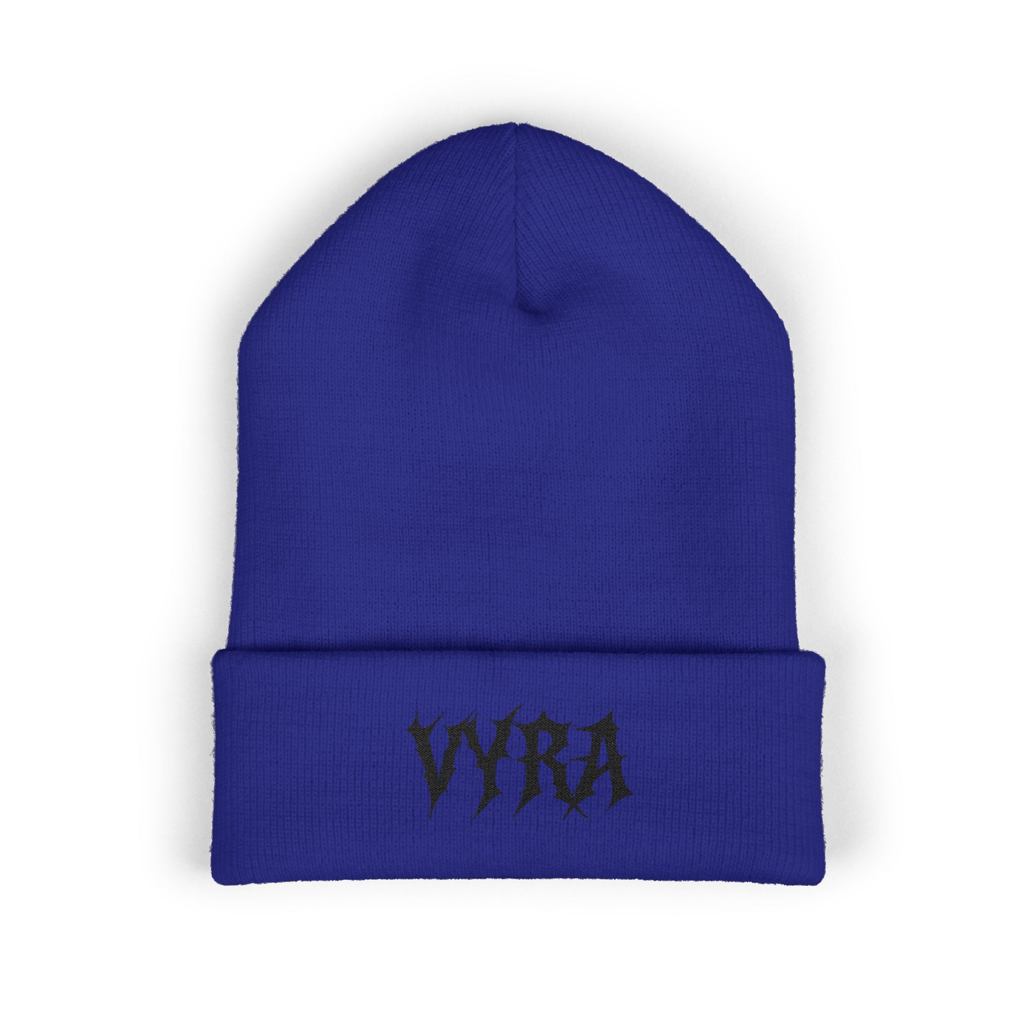 Embroidered 'VYRA' Cuffed Beanie — Gothic Logo Knit Hat