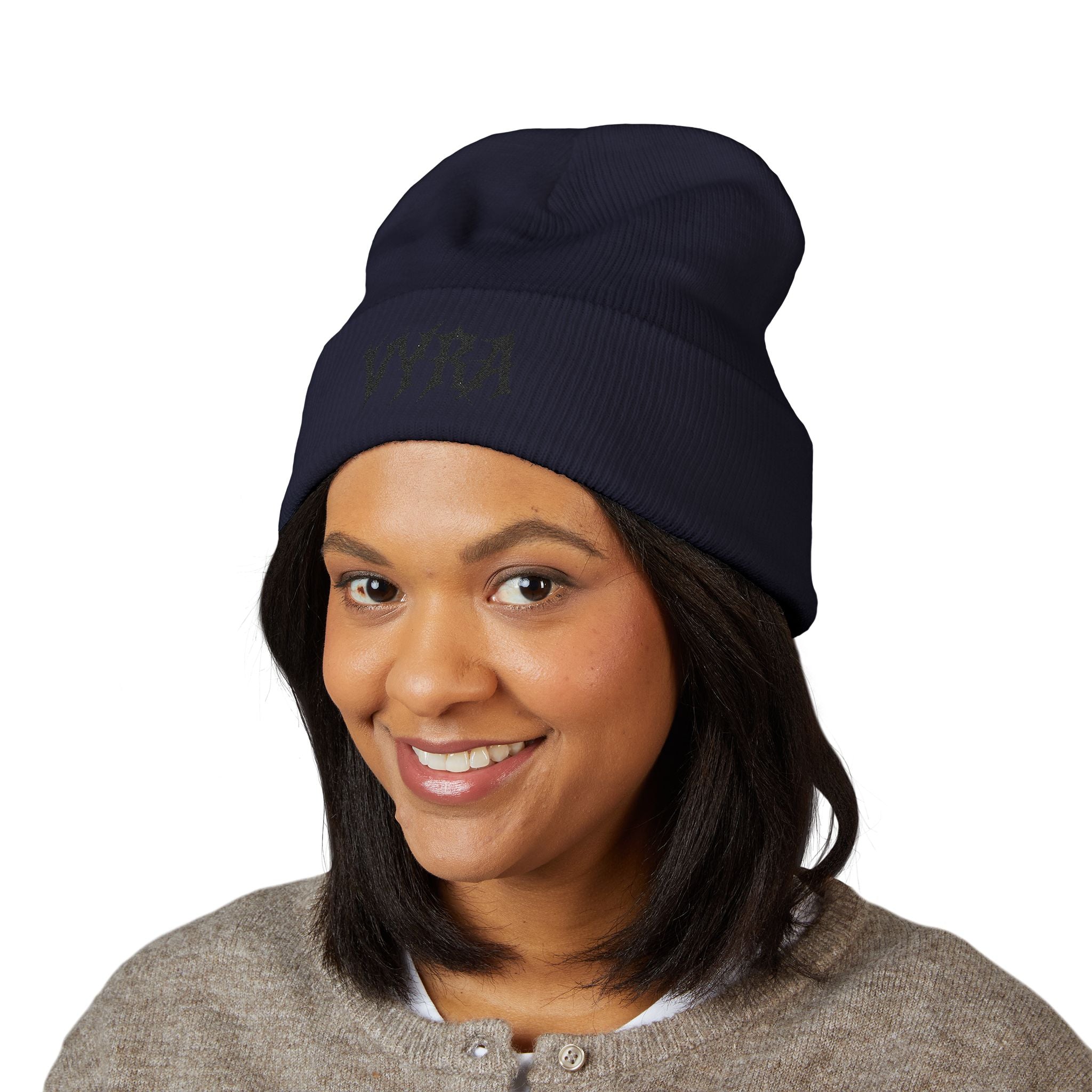 Embroidered 'VYRA' Cuffed Beanie — Gothic Logo Knit Hat