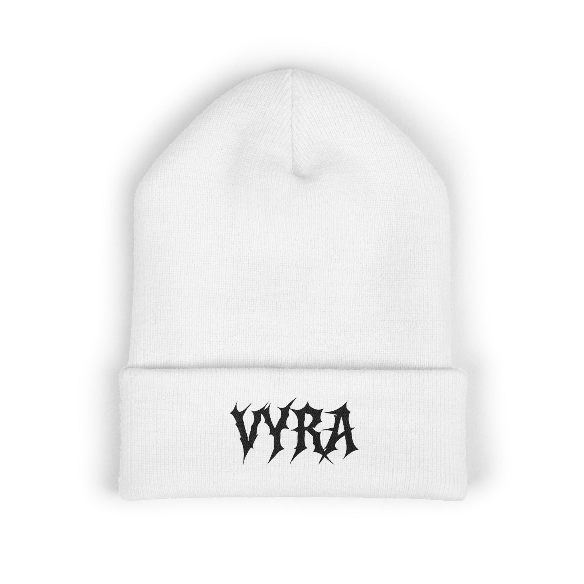 Embroidered 'VYRA' Cuffed Beanie — Gothic Logo Knit Hat