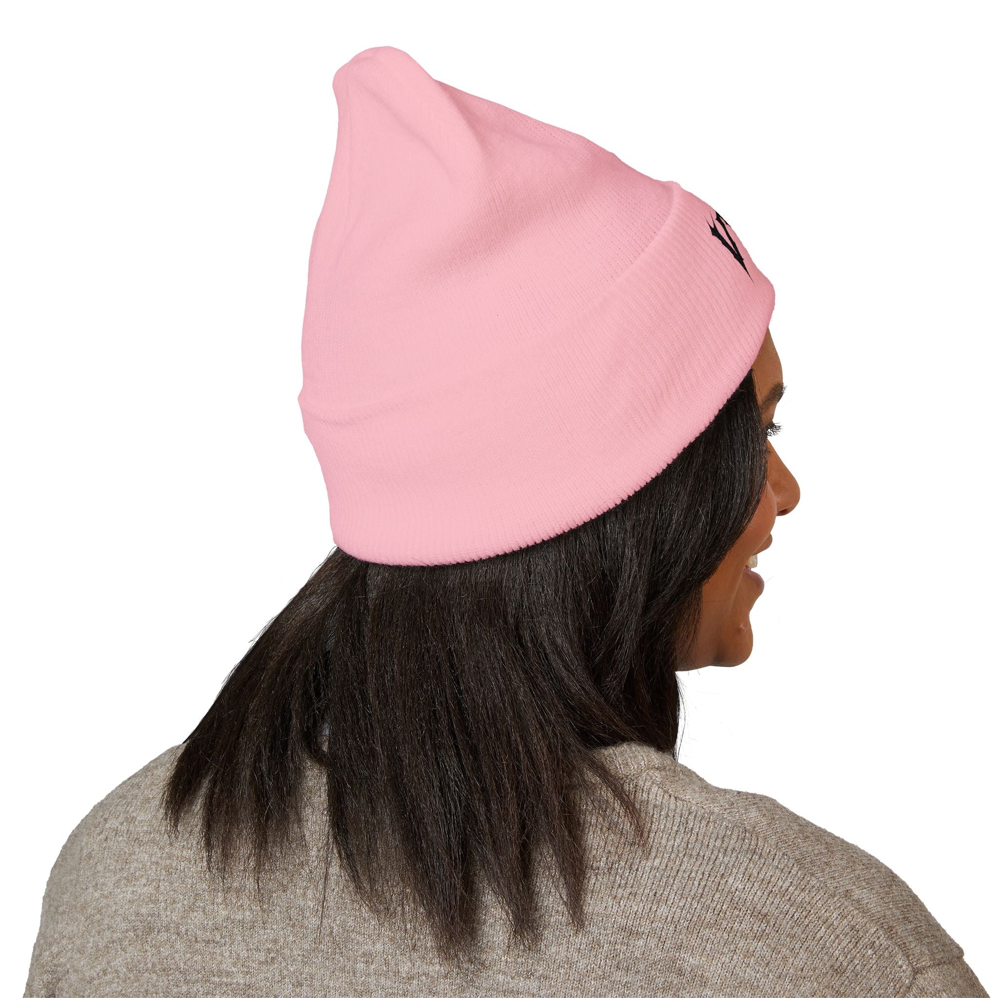 Embroidered 'VYRA' Cuffed Beanie — Gothic Logo Knit Hat