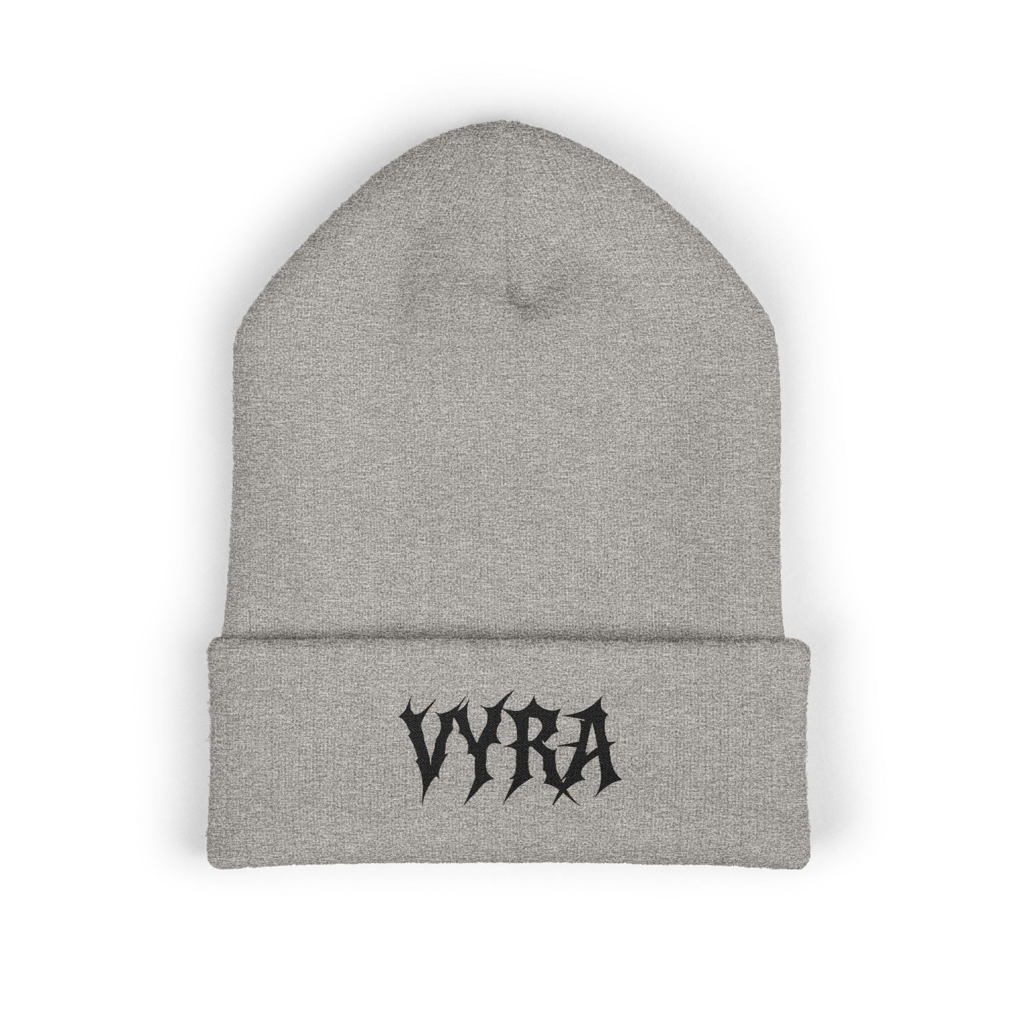 Embroidered 'VYRA' Cuffed Beanie — Gothic Logo Knit Hat
