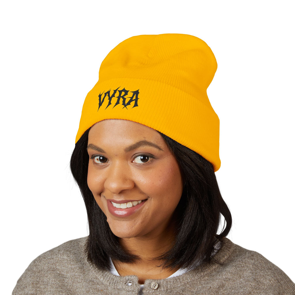 Embroidered 'VYRA' Cuffed Beanie — Gothic Logo Knit Hat