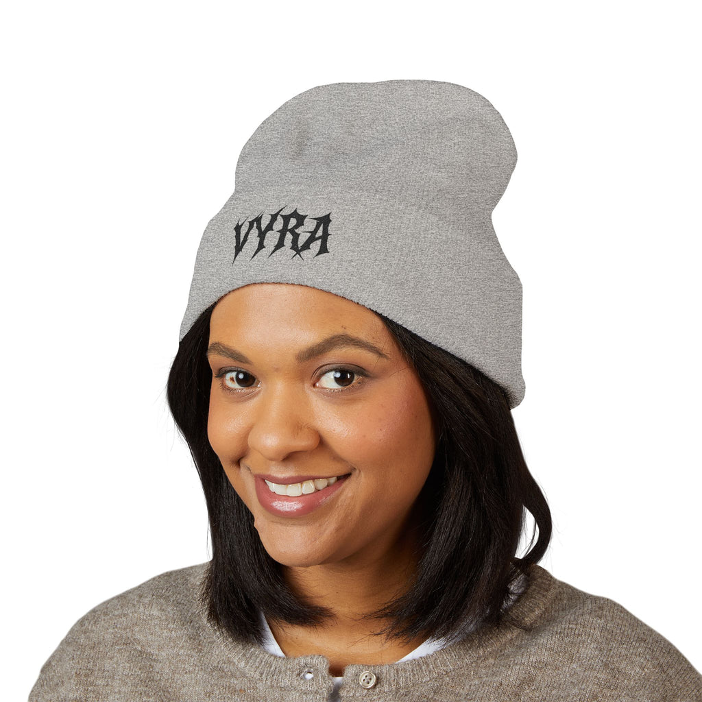 Embroidered 'VYRA' Cuffed Beanie — Gothic Logo Knit Hat