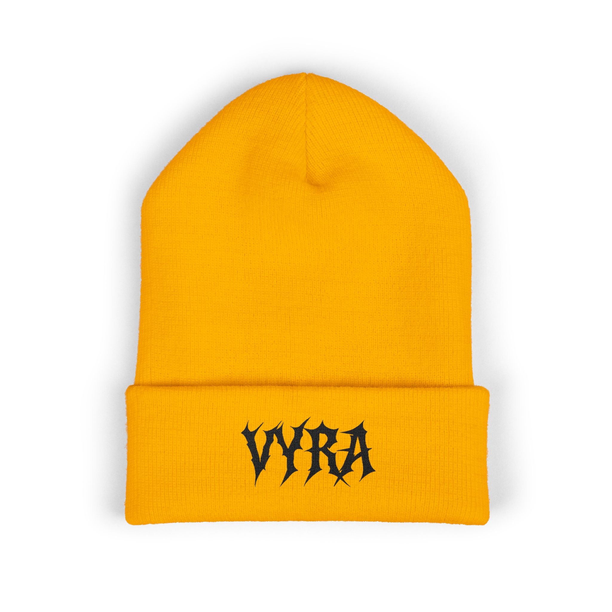 Embroidered 'VYRA' Cuffed Beanie — Gothic Logo Knit Hat