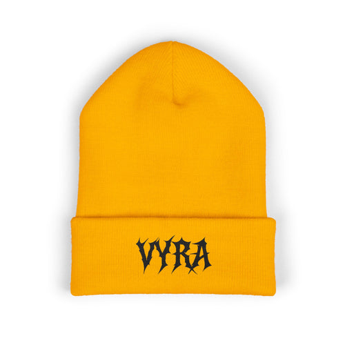 Embroidered 'VYRA' Cuffed Beanie — Gothic Logo Knit Hat