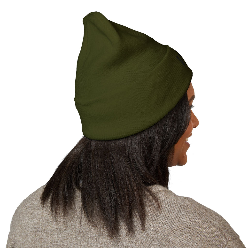 Embroidered 'VYRA' Cuffed Beanie — Gothic Logo Knit Hat