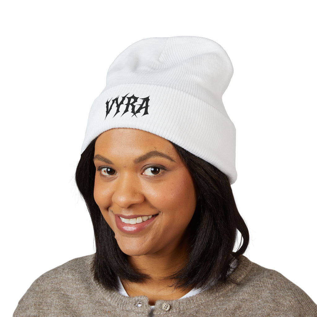 Embroidered 'VYRA' Cuffed Beanie — Gothic Logo Knit Hat