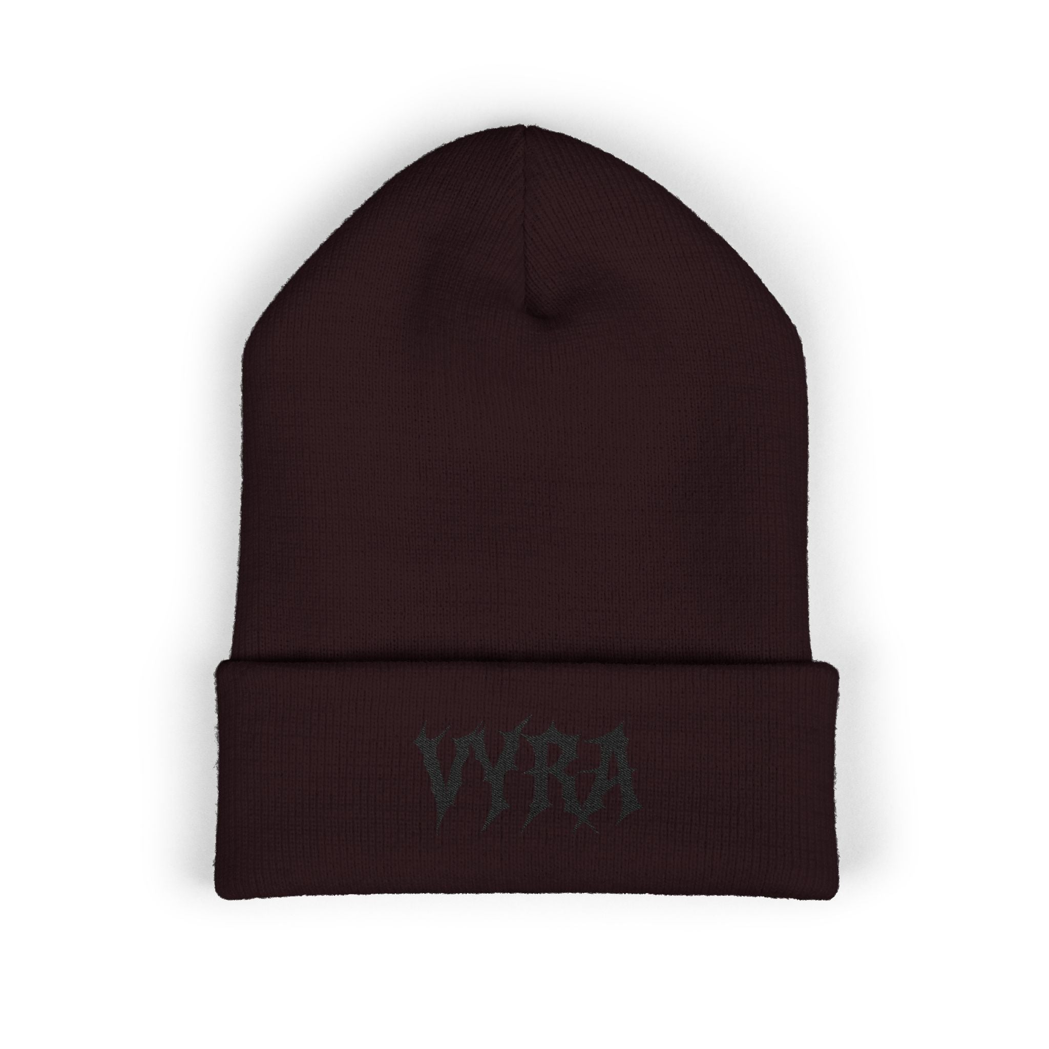 Embroidered 'VYRA' Cuffed Beanie — Gothic Logo Knit Hat