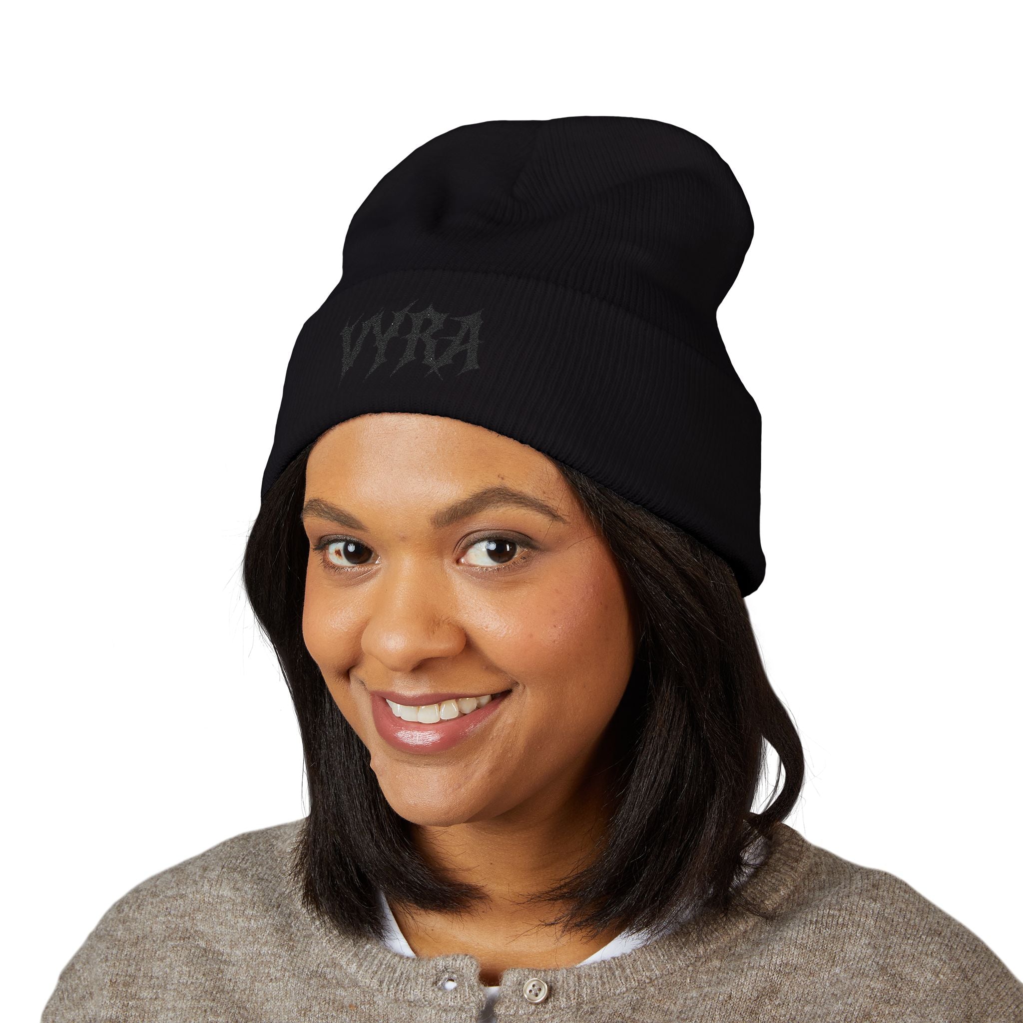 Embroidered 'VYRA' Cuffed Beanie — Gothic Logo Knit Hat