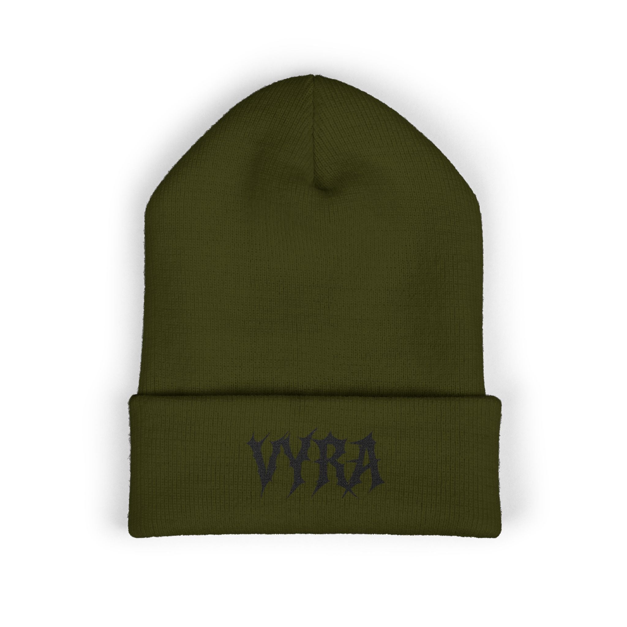 Embroidered 'VYRA' Cuffed Beanie — Gothic Logo Knit Hat
