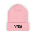 Embroidered 'VYRA' Cuffed Beanie — Gothic Logo Knit Hat
