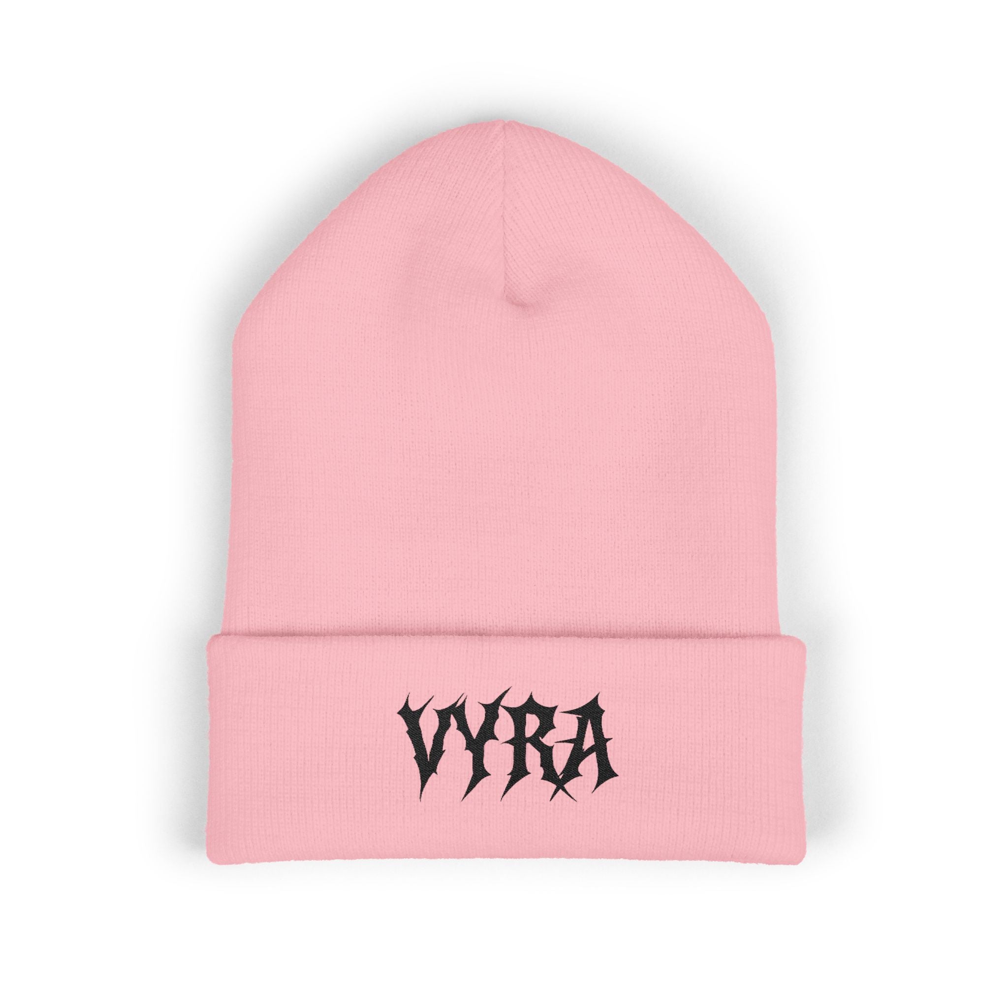 Embroidered 'VYRA' Cuffed Beanie — Gothic Logo Knit Hat