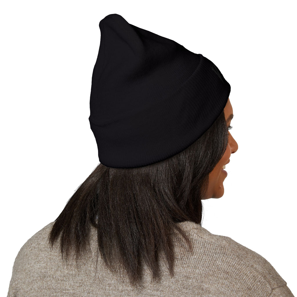 Embroidered 'VYRA' Cuffed Beanie — Gothic Logo Knit Hat