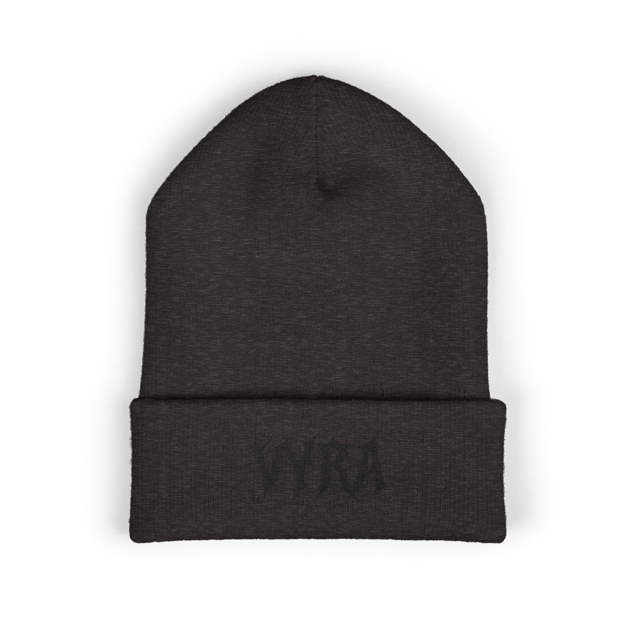 Embroidered 'VYRA' Cuffed Beanie — Gothic Logo Knit Hat